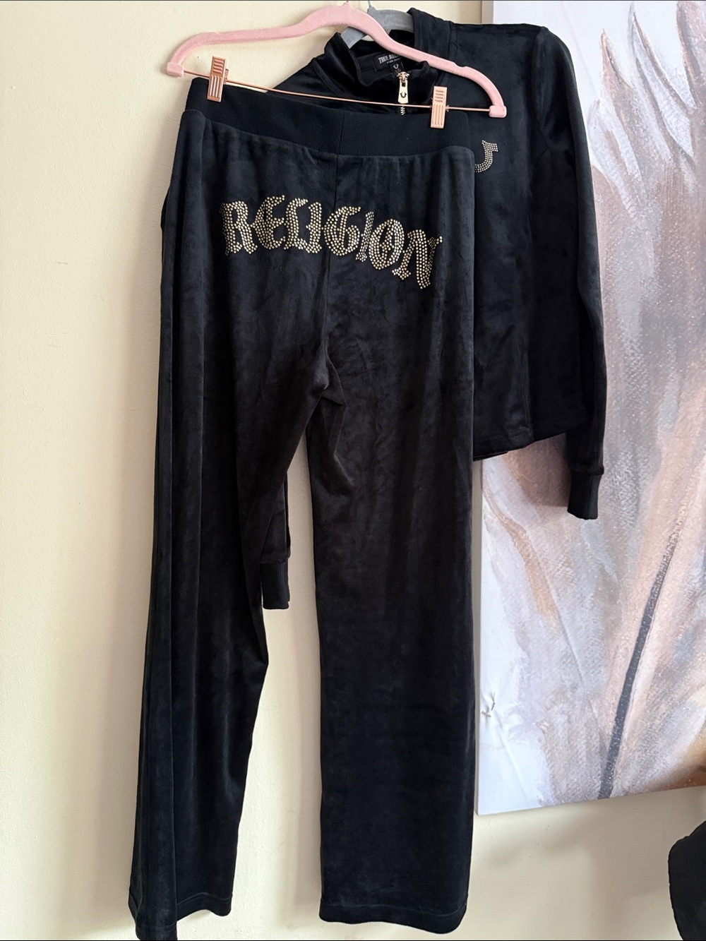 True Religion Black Velour Joggers with Rhinestone Logo